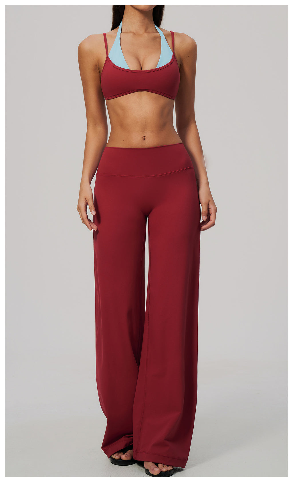 2 Piece Colorblock Double Strap Halter Sports Bra and High Waisted Loose Fit Wide Leg Yoga Pants Set
