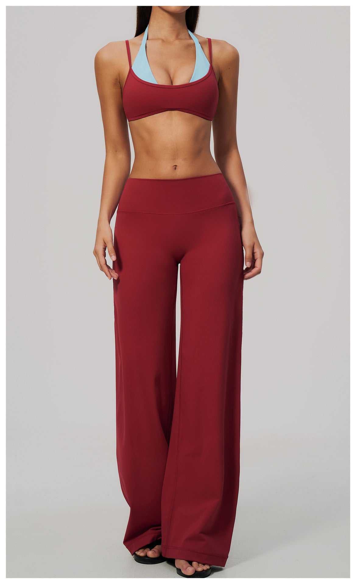 2 Piece Colorblock Double Strap Halter Sports Bra and High Waisted Loose Fit Wide Leg Yoga Pants Set
