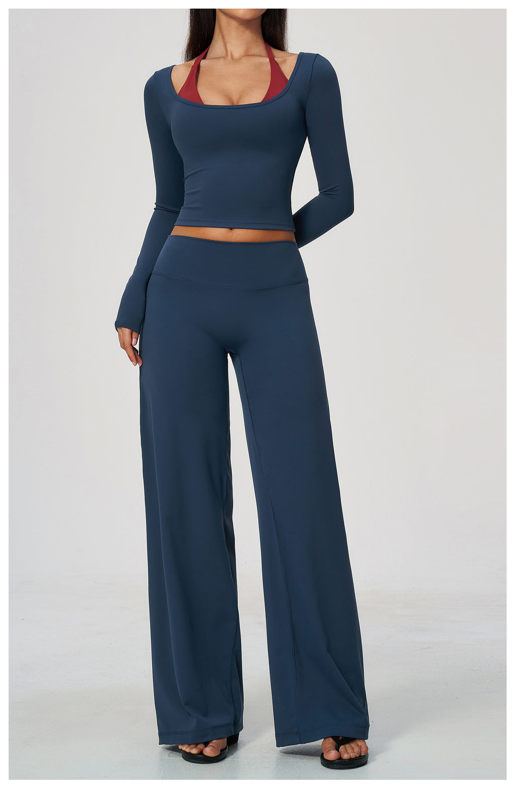 2 Piece Colorblock Double Strap Halter Long Sleeve Cropped Fitness Yoga Top and High Waisted Loose Fit Wide Leg Yoga Pants Set
