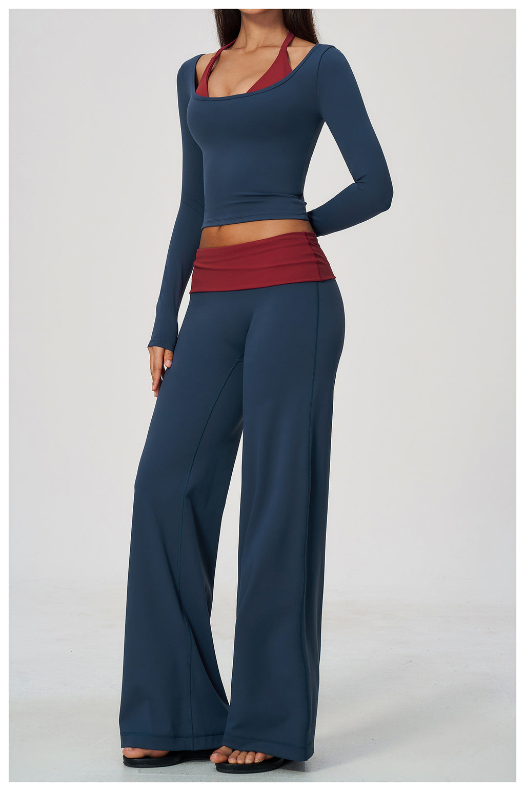 2 Piece Colorblock Double Strap Halter Long Sleeve Cropped Fitness Yoga Top and Foldover Waist High-Rise Loose Wide Leg Yoga Pants Set