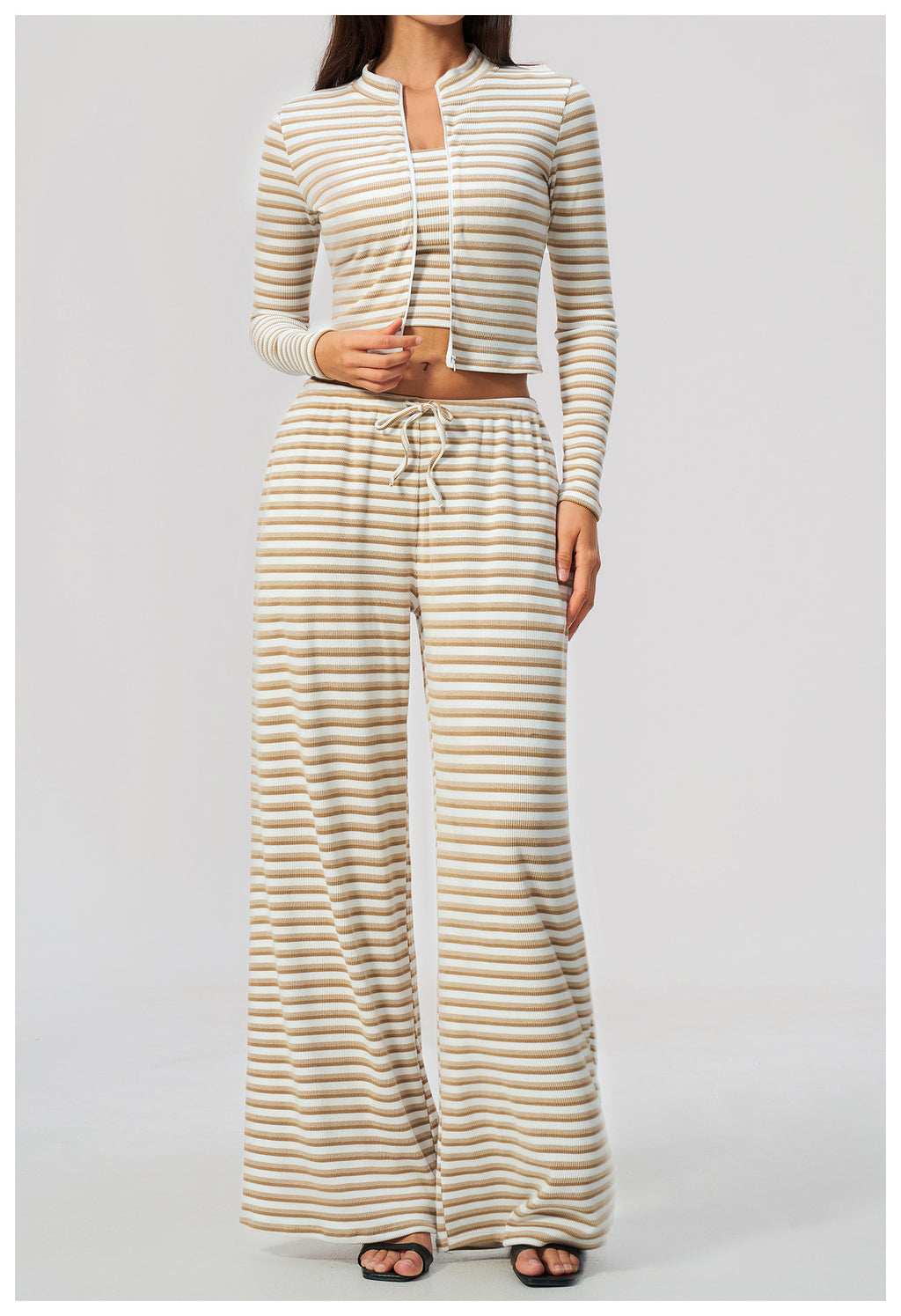 3 Piece Striped Yoga Set Long Sleeve Zip up Jacket Strapless Soft Tube Top Elastic Drawstring Waist Wide Leg Pants Workout Outfit Gym Running Sports Activewear Set