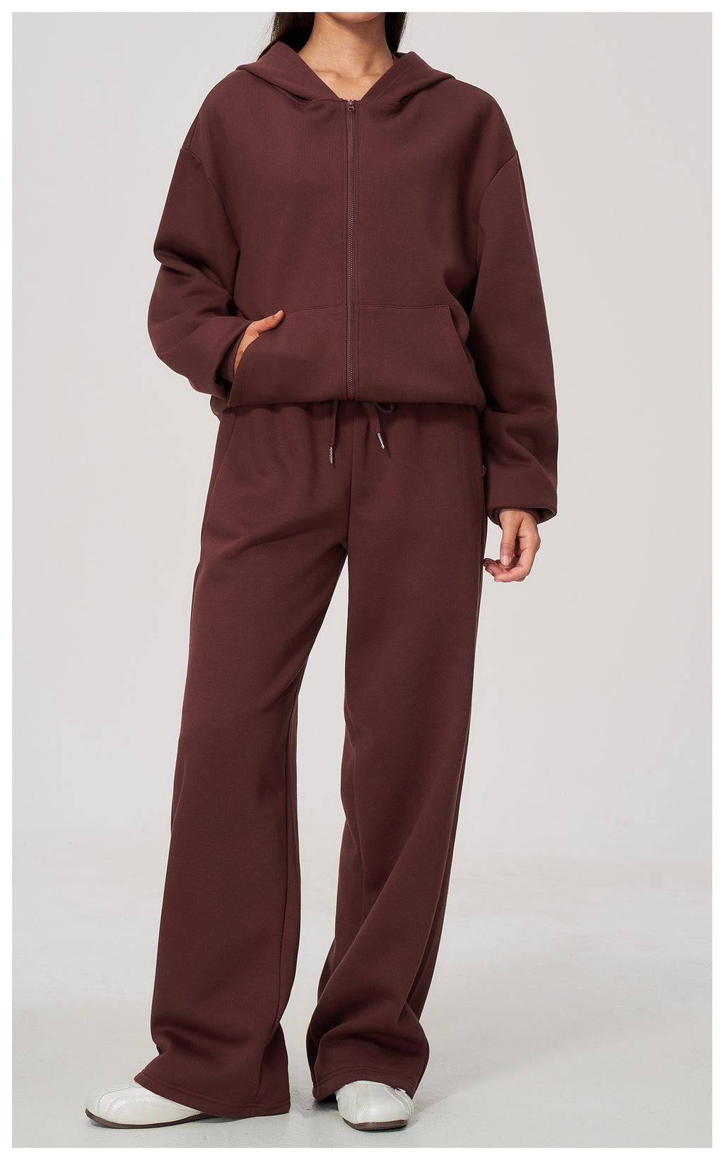 Women 2 Piece Fall Winter Tracksuits Fleece Lined Full Zip Oversized Hooded Jacket and Drawstring Waist Wide Leg Sweatpants with Side Pockets