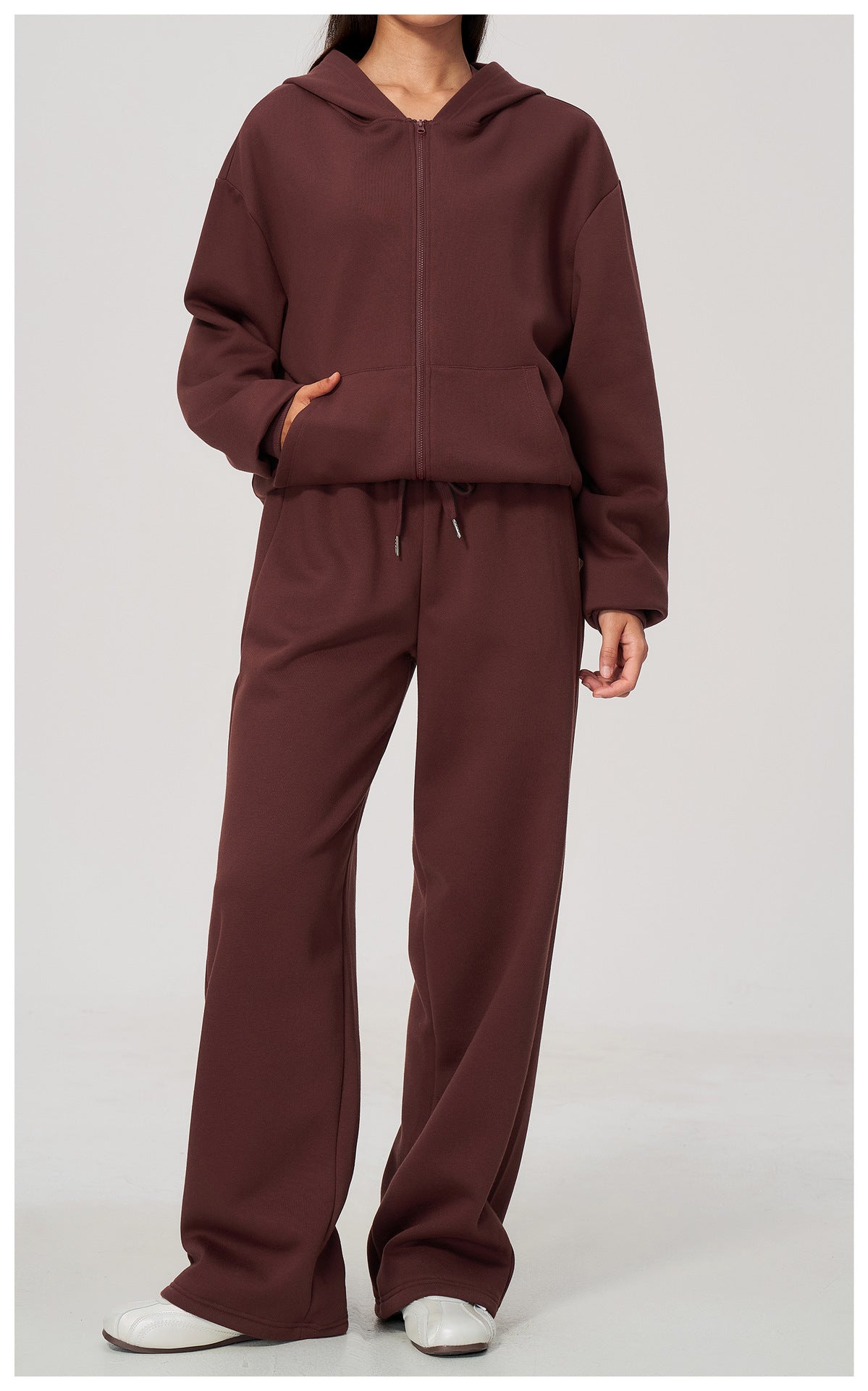 Women 2 Piece Fall Winter Tracksuits Fleece Lined Full Zip Oversized Hooded Jacket and Drawstring Waist Wide Leg Sweatpants with Side Pockets