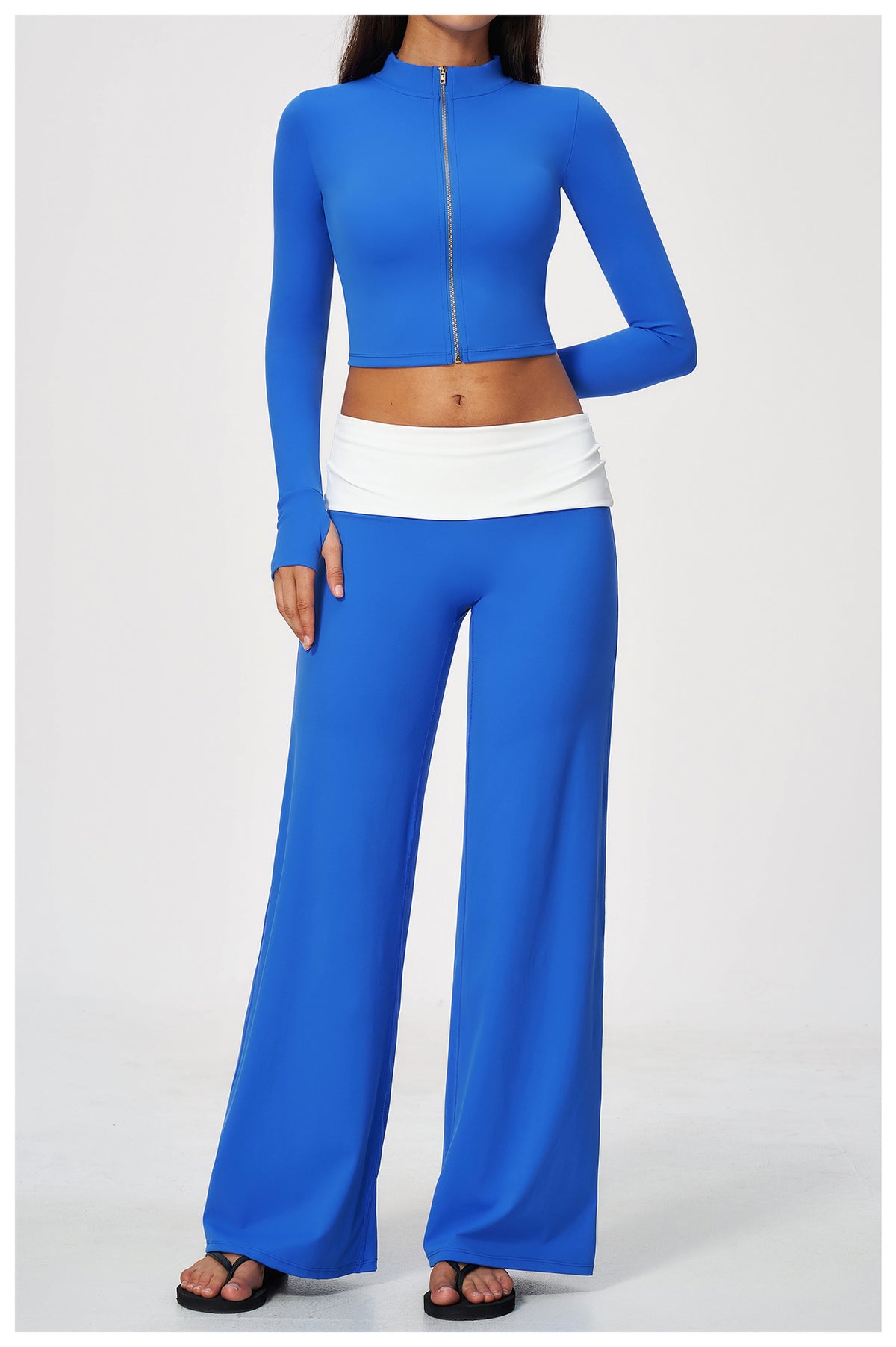 2 Piece Set Stand Collar Full Zip Cropped Running Yoga Workout Jacket and ColorBlock High Waisted Wide Leg Yoga Athletic Pants
