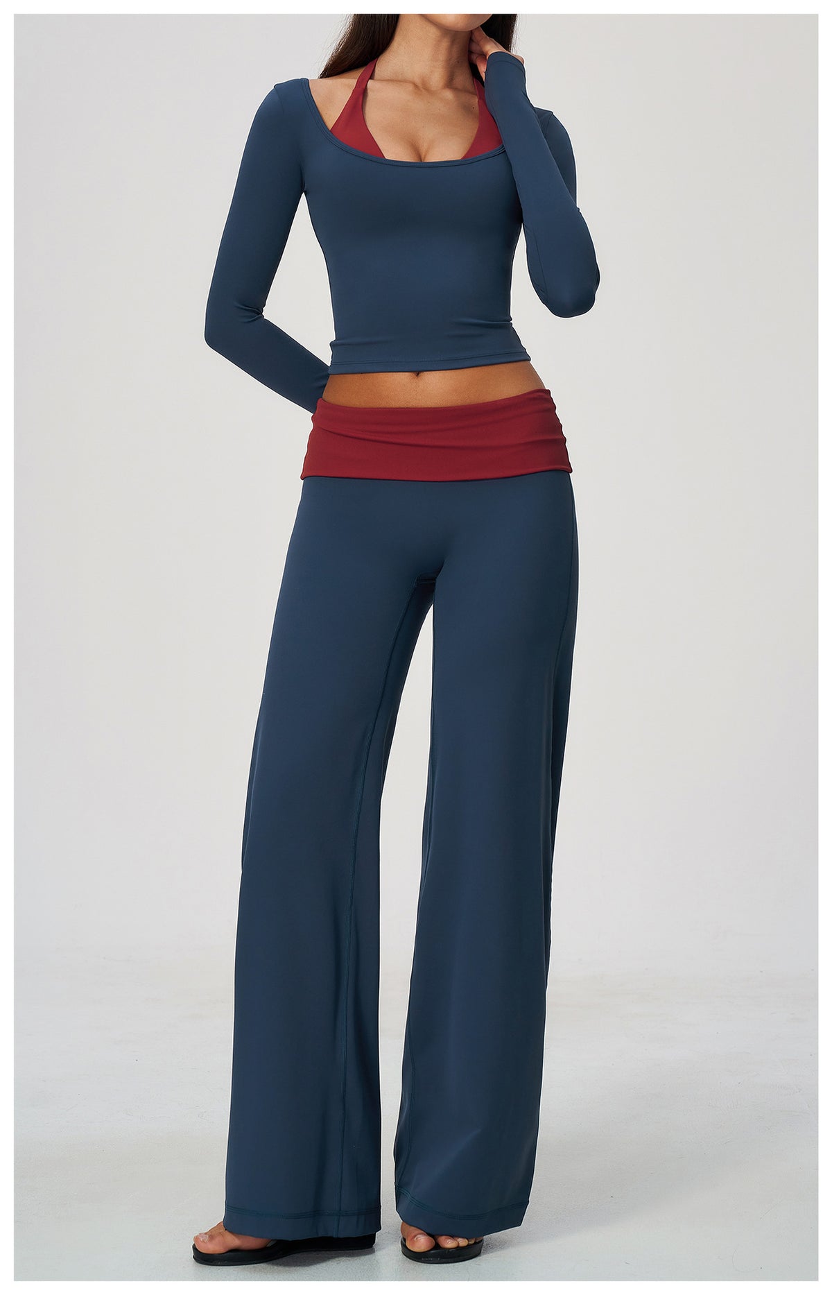 2 Piece Colorblock Double Strap Halter Long Sleeve Cropped Fitness Yoga Top and Foldover Waist High-Rise Loose Wide Leg Yoga Pants Set