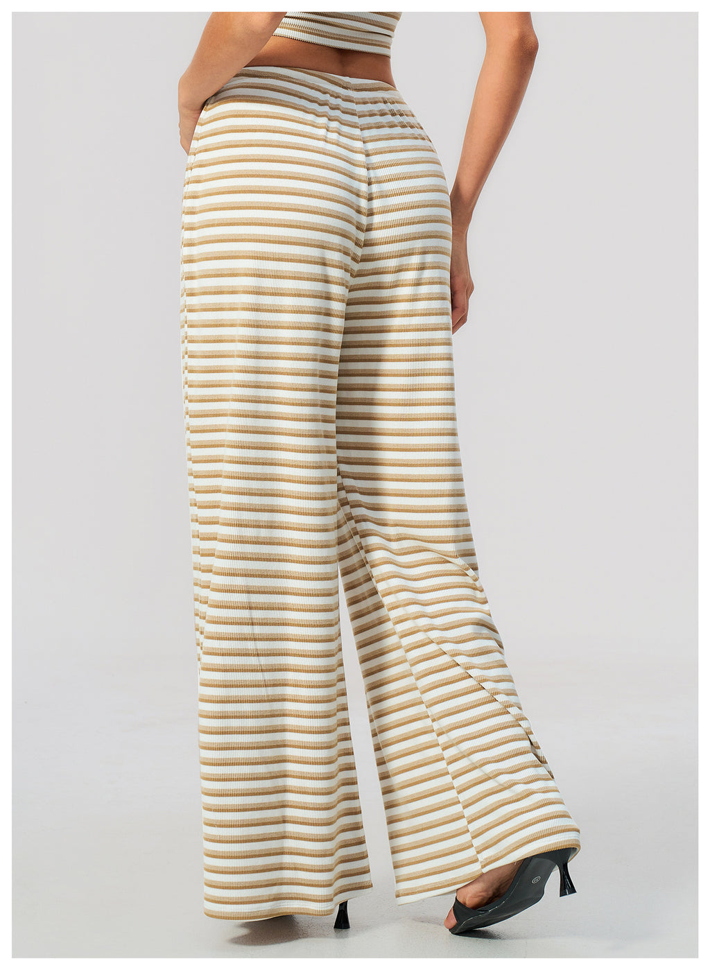 Women Ribbed Striped Wide Leg Pants Elastic Drawstring Waist Casual Loose Trousers With Pockets