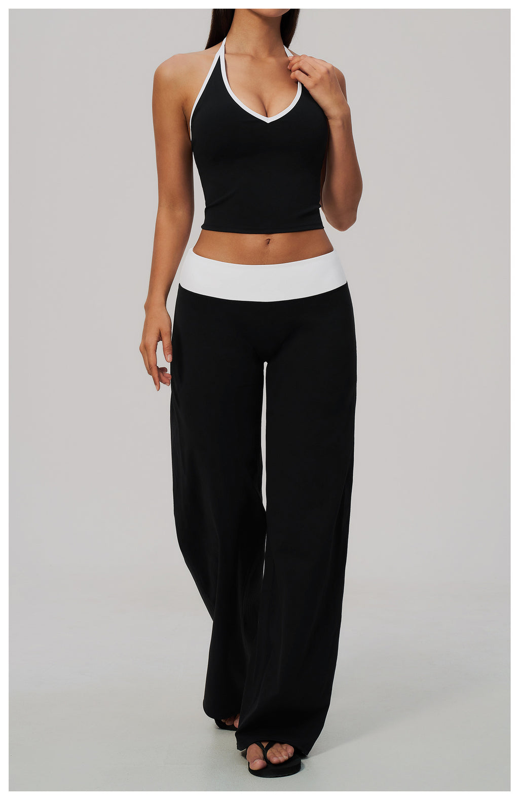 Women Two Piece Color Block Halter Yoga Set V Neck Crop Workout Top Wide Leg Yoga Pants