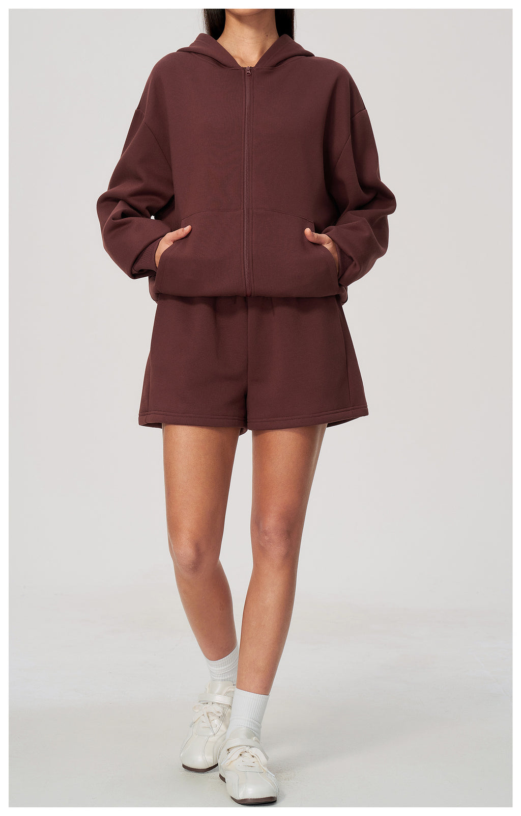 Women 2 Piece Fall Winter Tracksuits Fleece Lined Full Zip Oversized Hooded Jacket and Drawstring Waist Loose Sweat Shorts with Pocket