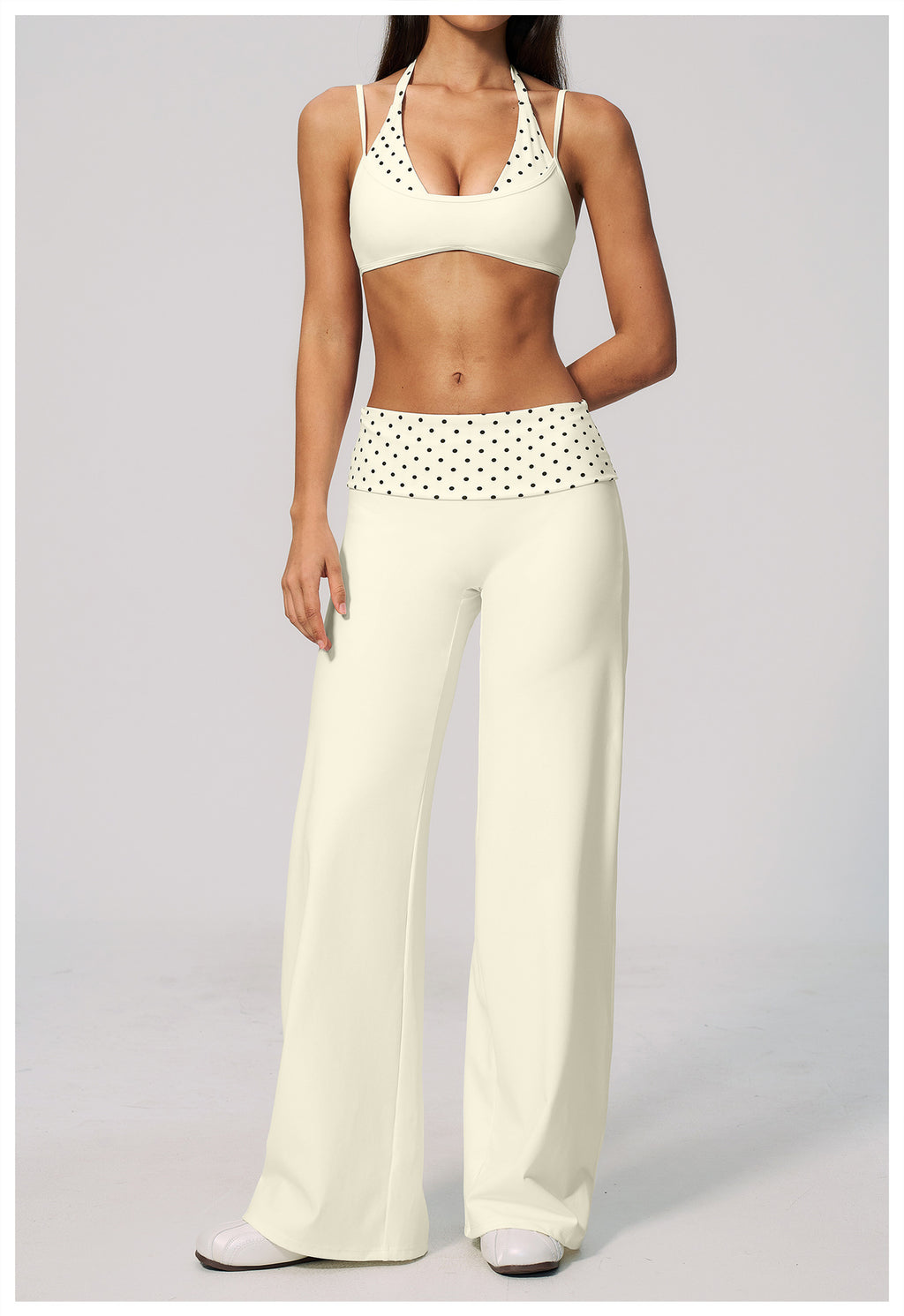 Women 2 Piece Yoga Set Halter Fake Two Piece Sports Bra and Fold Over Striped Waist Wide Leg Workout Pants