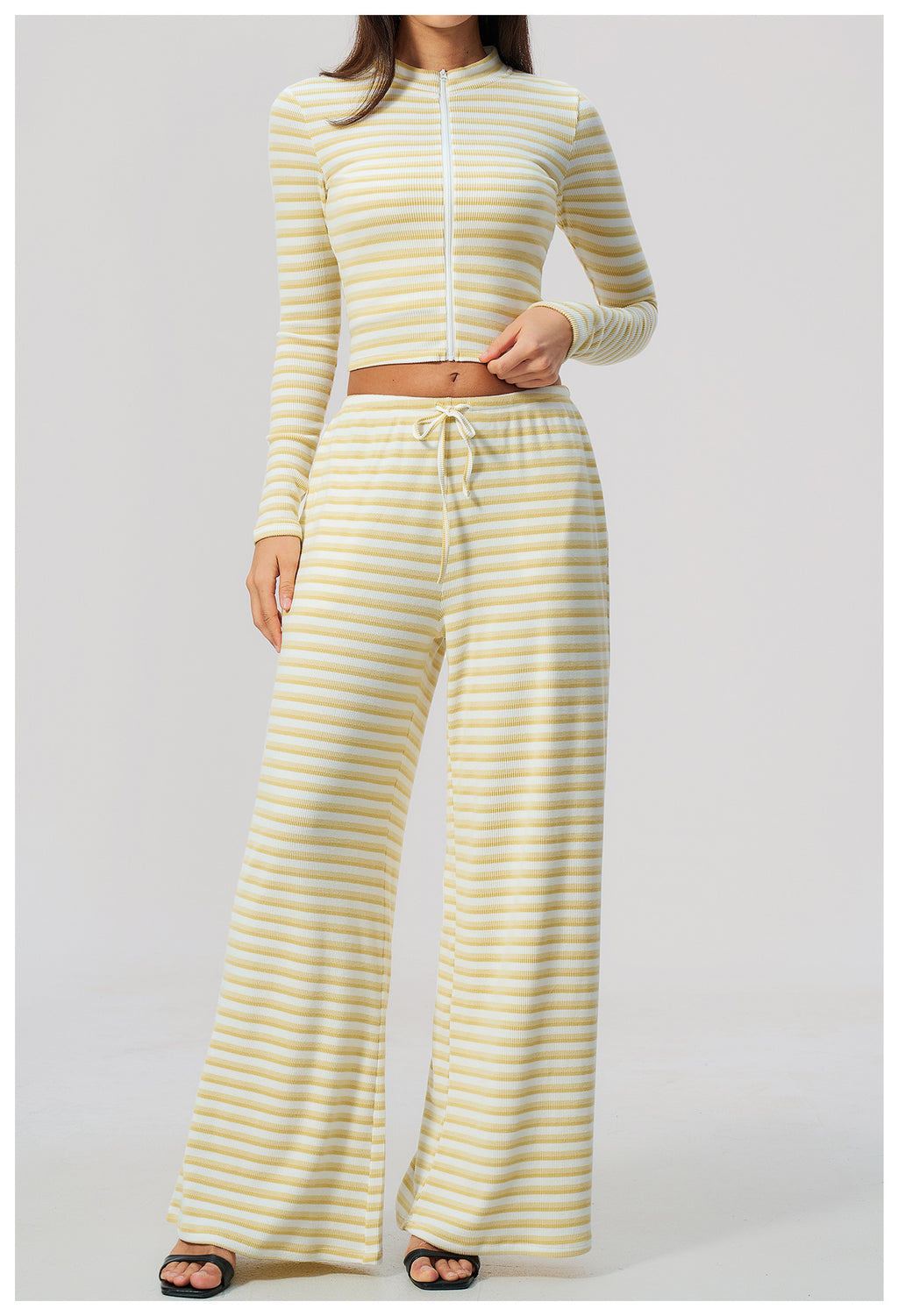 2 Piece Workout Loungewear Set Women Ribbed Striped Stand Collar Long Sleeve Cropped Zip up Jacket and Elastic Drawstring Waist Wide Leg Pants with Pocket