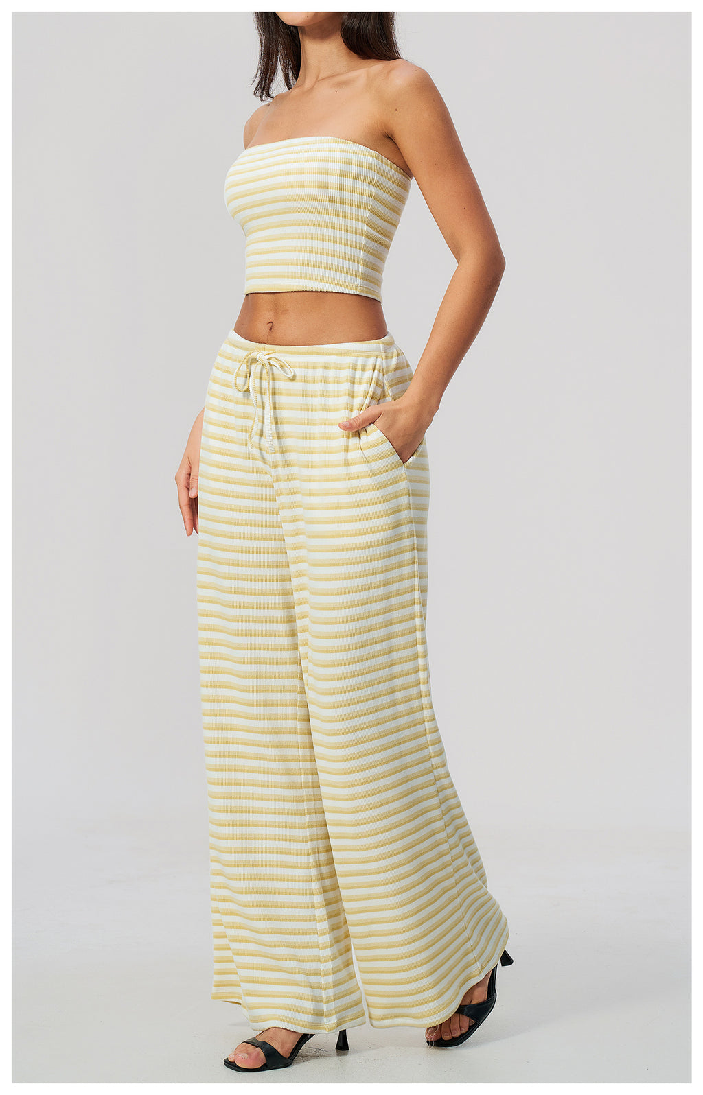 2 Piece Workout Loungewear Set Women Ribbed Striped Strapless Soft Tube Top and Elastic Drawstring Waist Wide Leg Pants with Pocket