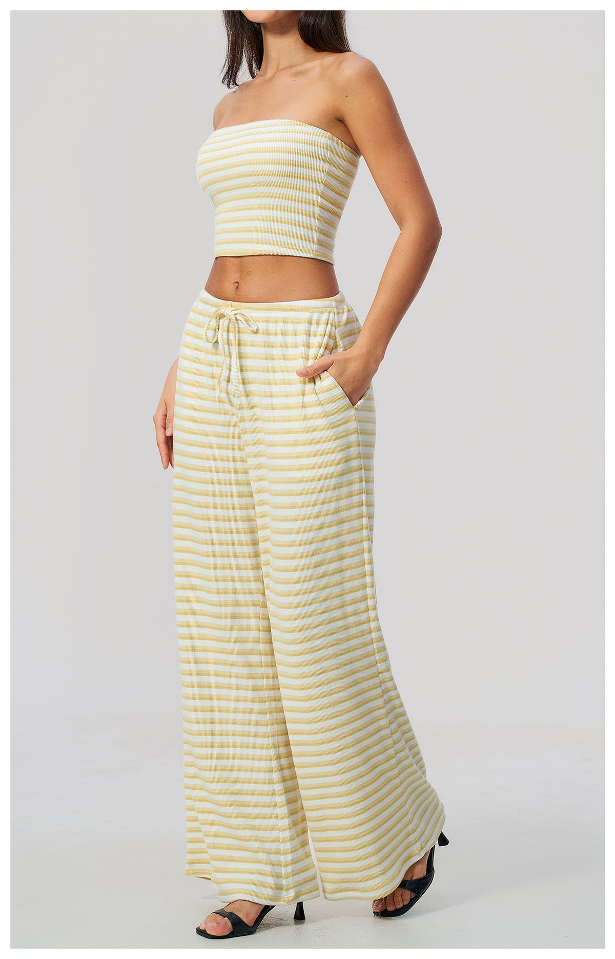 2 Piece Workout Loungewear Set Women Ribbed Striped Strapless Soft Tube Top and Elastic Drawstring Waist Wide Leg Pants with Pocket