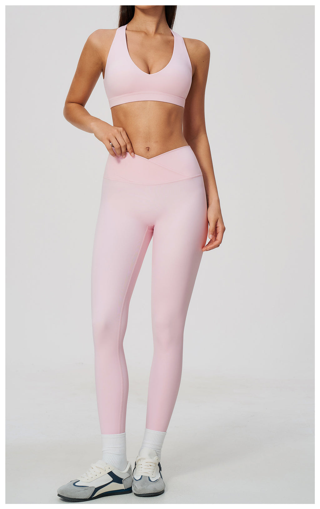 2 Piece Deep V-Neck Sports Bra and Cross Waist Yoga Leggings Set