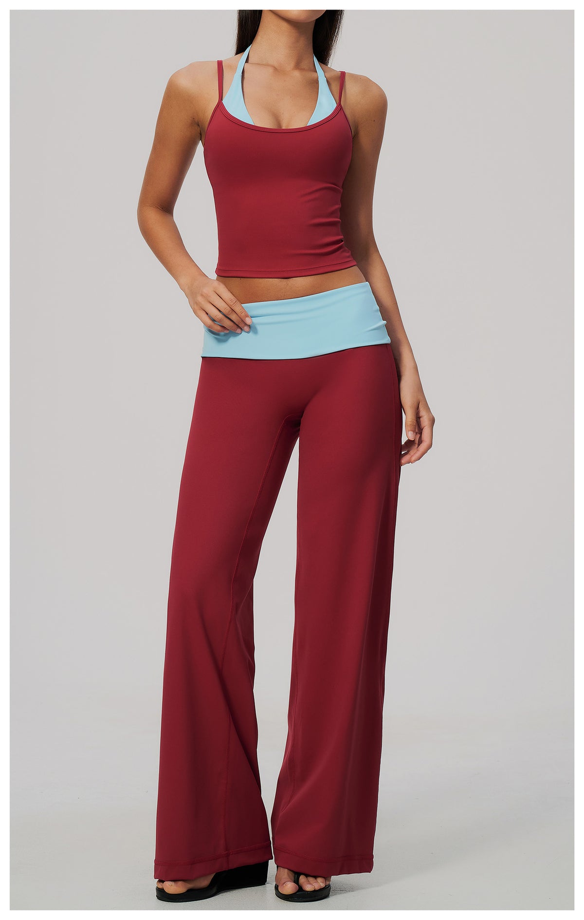 2 Piece Colorblock Double Strap Halter Yoga Vest and Foldover Waist High-Rise Loose Wide Leg Yoga Pants Set