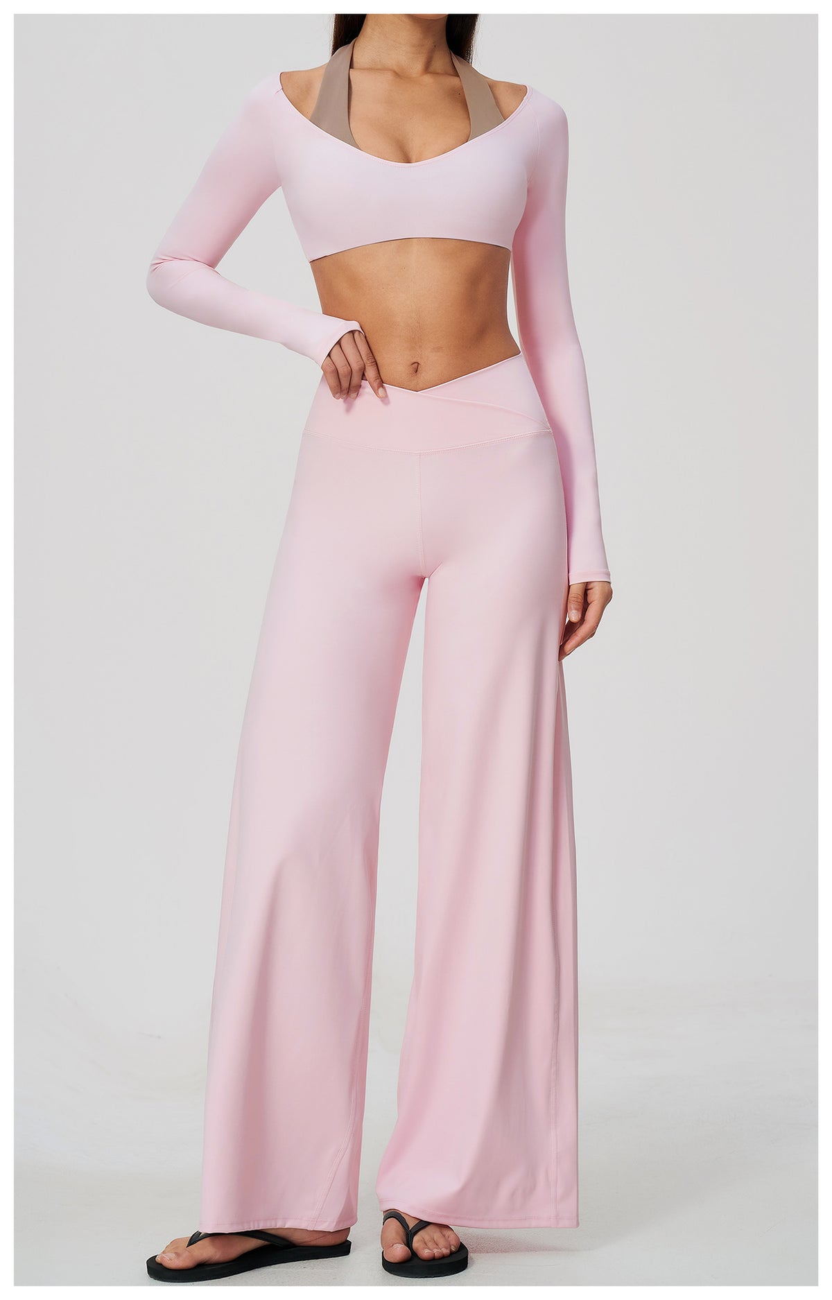 2 Piece Colorblock Halter Long Sleeve Cropped Yoga Top and Cross Waist Wide Leg Yoga Pants Set