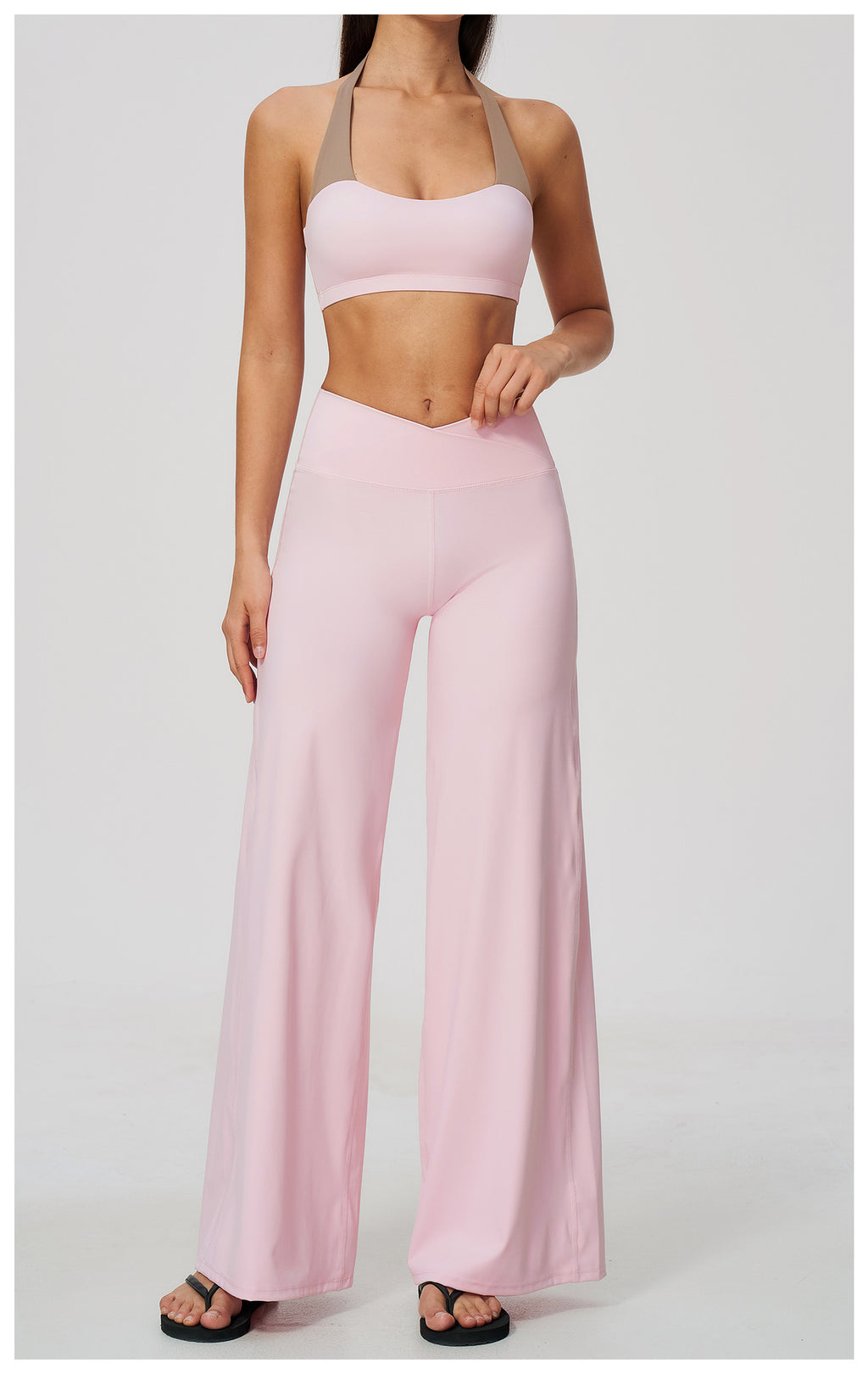 2 Piece Colorblock Halter Sports Bra and Cross Waist Wide Leg Yoga Pants Set