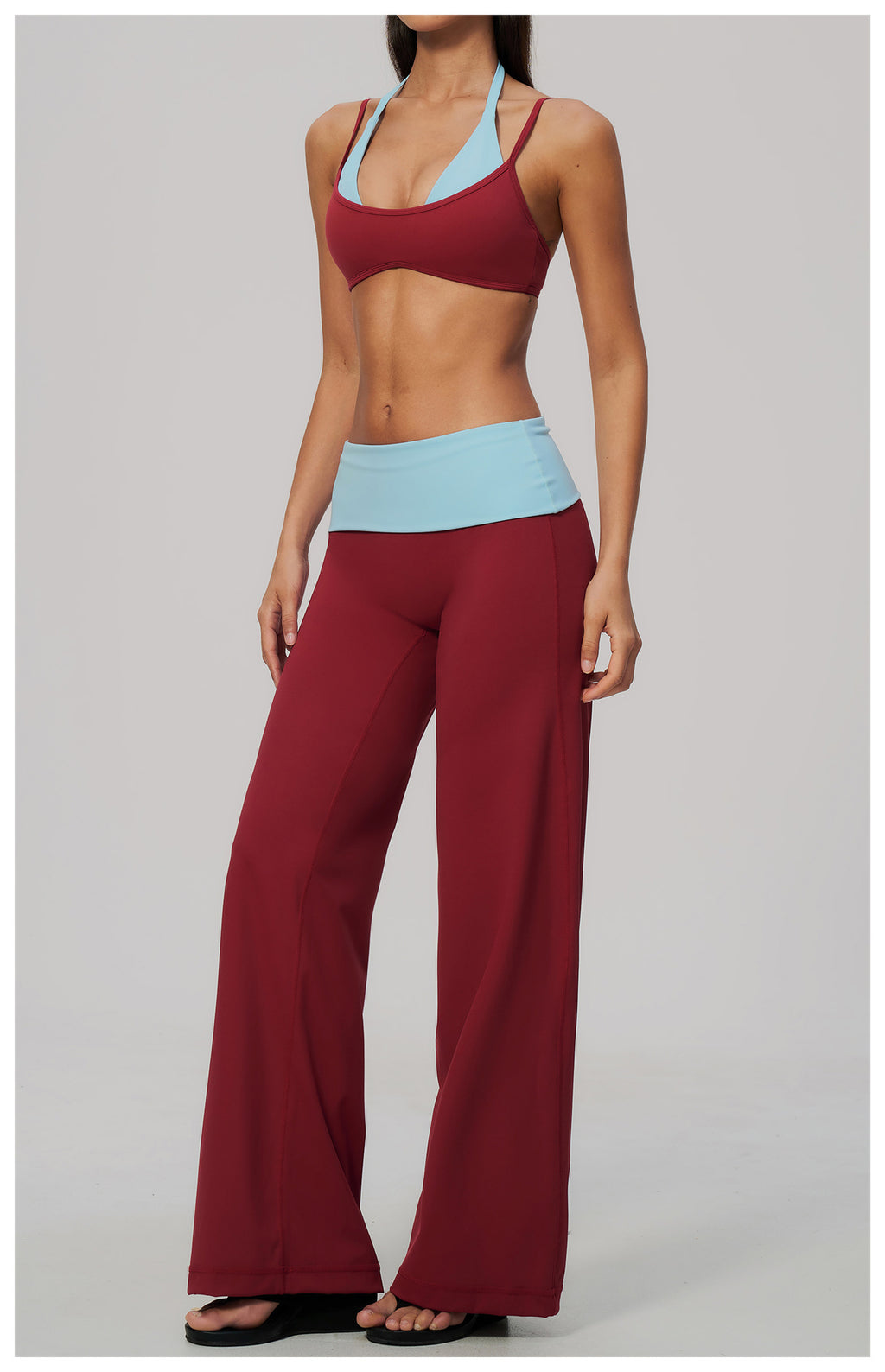 2 Piece Colorblock Double Strap Halter Sports Bra and Foldover Waist High-Rise Loose Wide Leg Yoga Pants Set