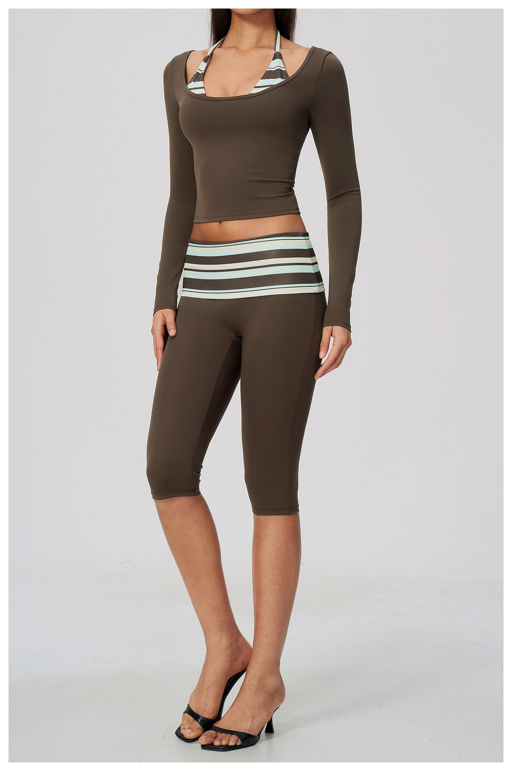 Women 2 Piece Yoga Set Halter Fake Two Piece Long Sleeve Yoga Top and Fold Over Striped Waist Capri Yoga Leggings
