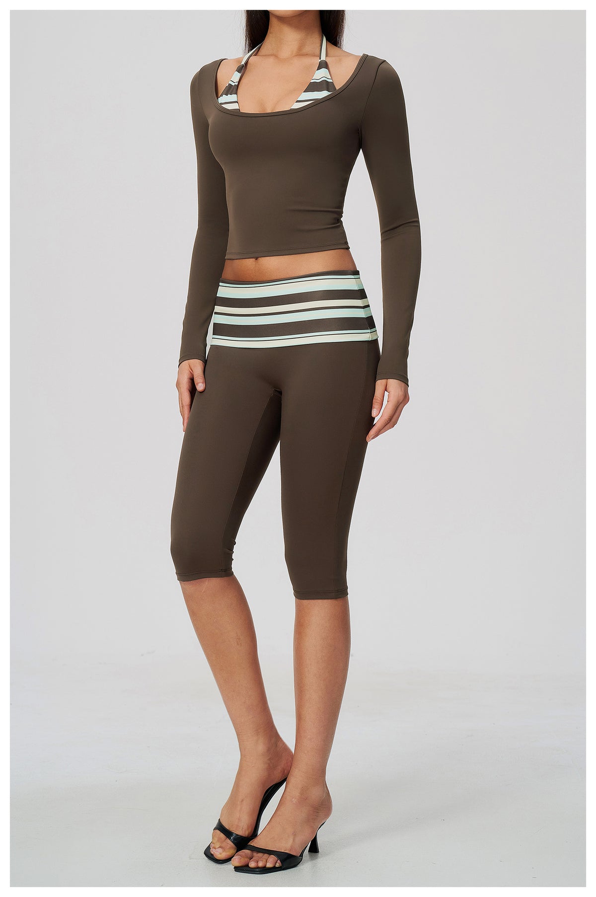 Women 2 Piece Yoga Set Halter Fake Two Piece Long Sleeve Yoga Top and Fold Over Striped Waist Capri Yoga Leggings