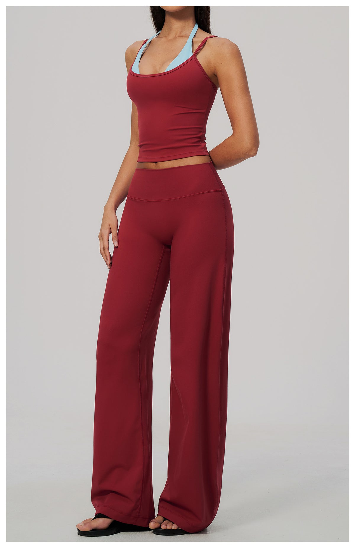 2 Piece Colorblock Double Strap Halter Yoga Vest and High Waisted Loose Fit Wide Leg Yoga Pants Set