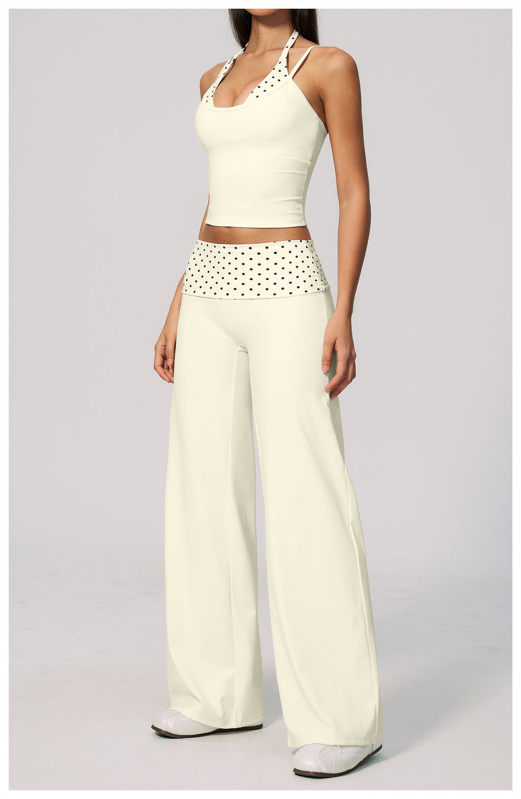 Women 2 Piece Yoga Set Halter Fake Two Piece Yoga Vest and Fold Over Striped Waist Wide Leg Workout Pants