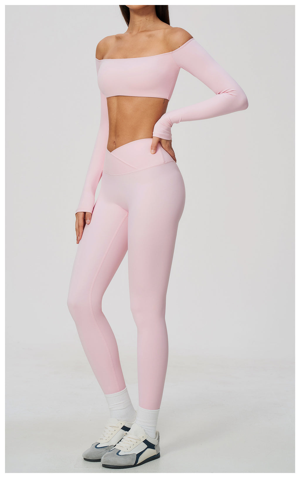2 Piece Off-The-Shoulder Long Sleeve Crop Top and Cross Waist Yoga Leggings Set