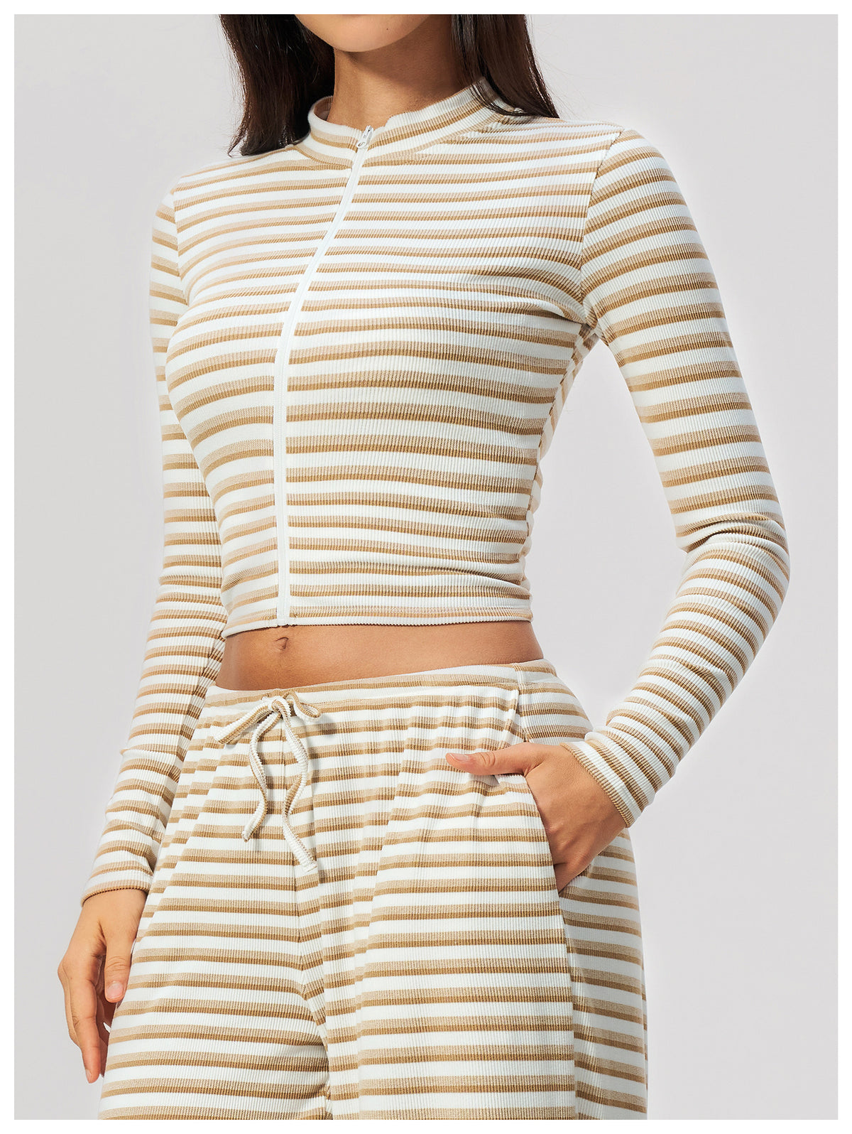 Women Ribbed Striped Stand Collar Long Sleeve Cropped Yoga Sports Zip up Jacket
