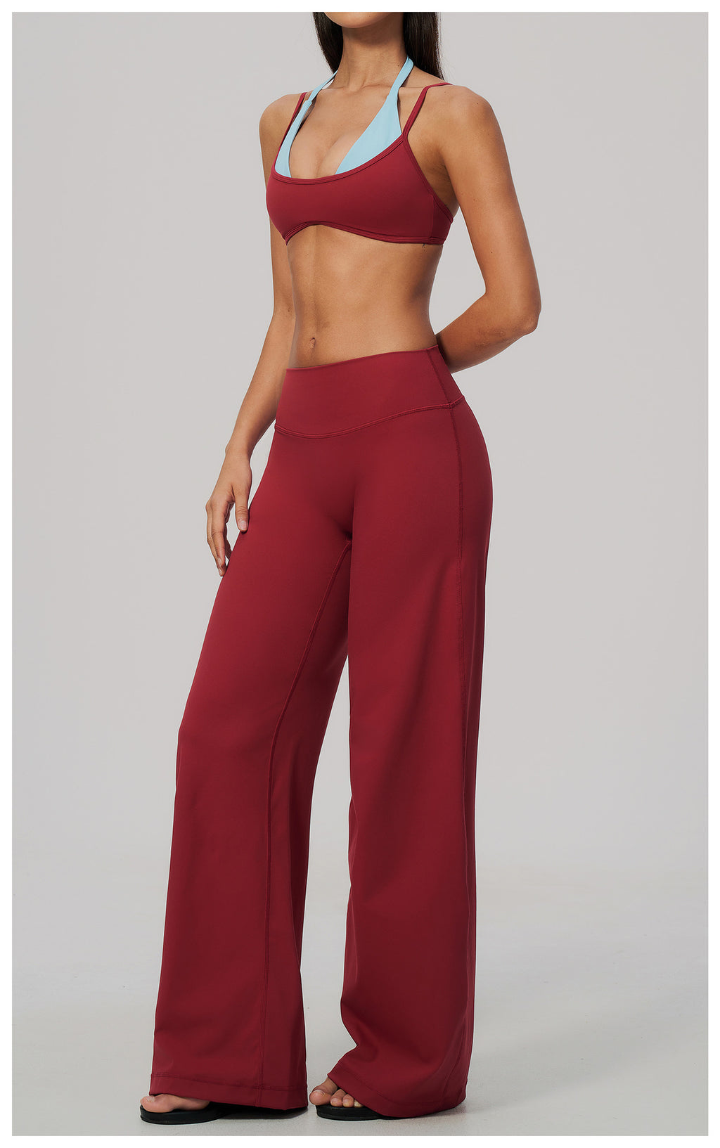 2 Piece Colorblock Double Strap Halter Sports Bra and High Waisted Loose Fit Wide Leg Yoga Pants Set