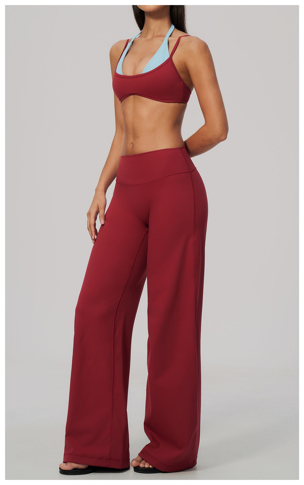 2 Piece Colorblock Double Strap Halter Sports Bra and High Waisted Loose Fit Wide Leg Yoga Pants Set