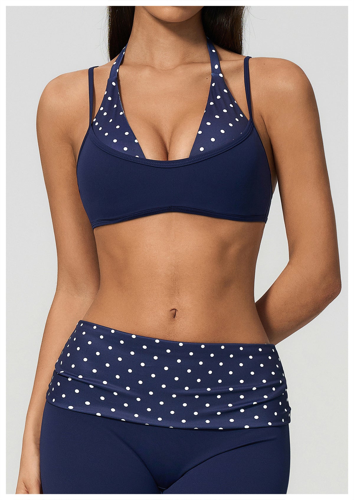 Women Halter Fake Two Piece Sports Bra Striped Print Thin Strap High Support Yoga Bra