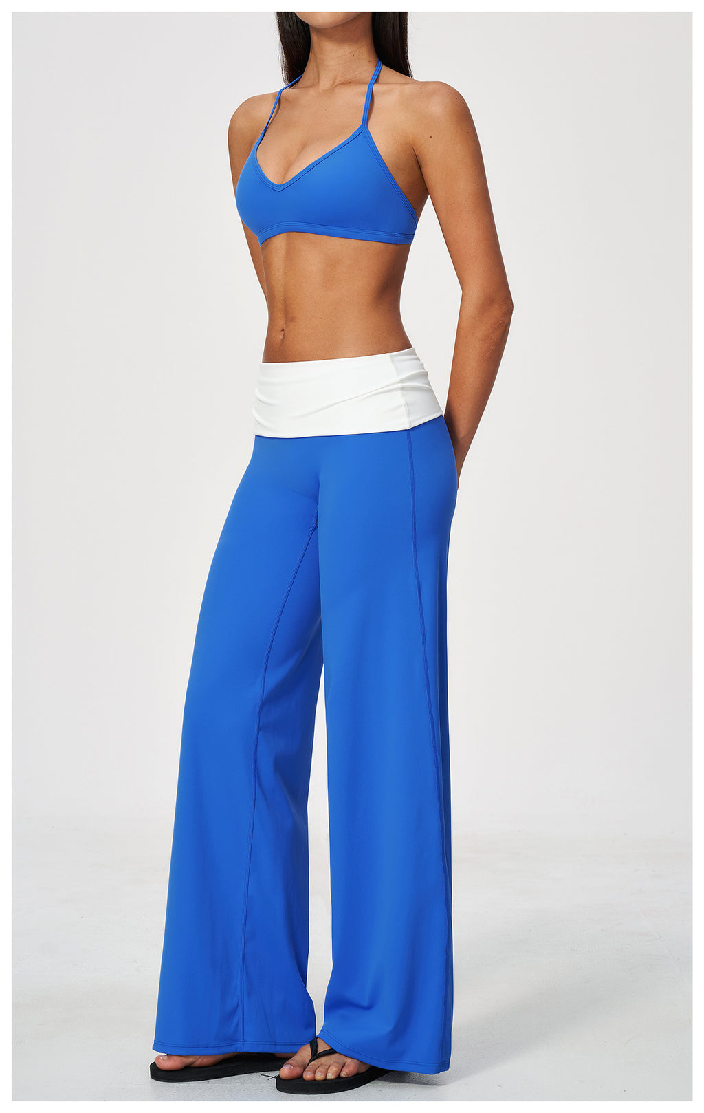 2 Piece Set Deep V-Neck Halter Thin Strap Backless Sports Bra and ColorBlock High Waisted Wide Leg Yoga Athletic Pants