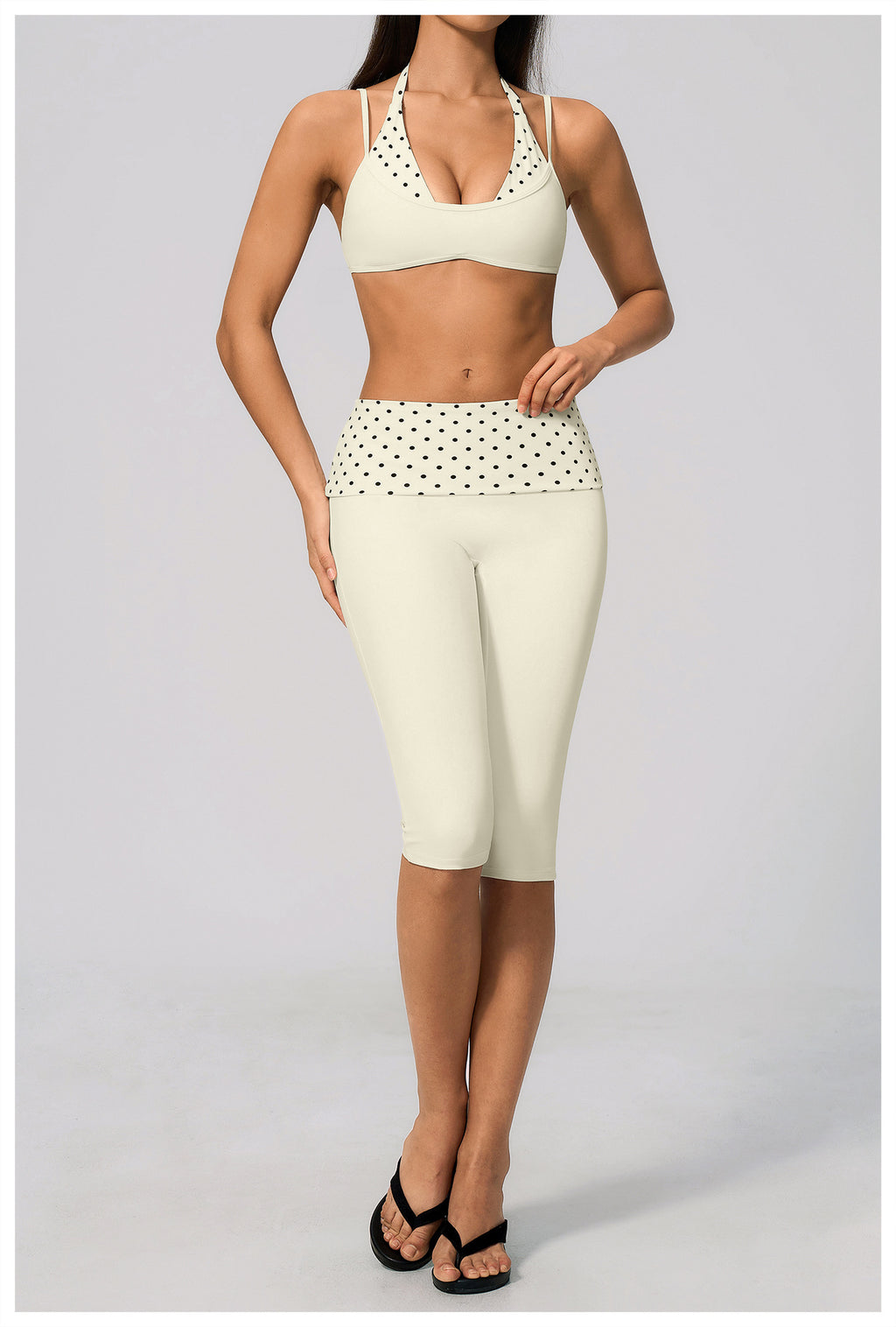 Women 2 Piece Yoga Set Halter Fake Two Piece Sports Bra and Fold Over Striped Waist Capri Yoga Leggings