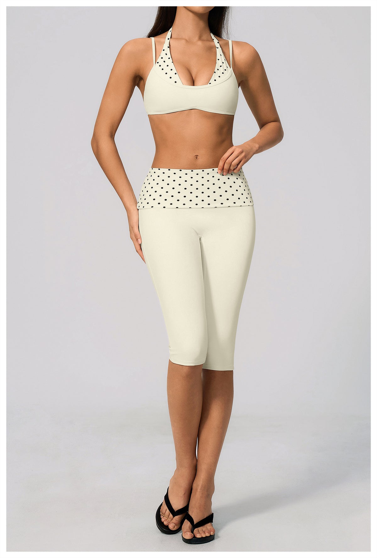 Women 2 Piece Yoga Set Halter Fake Two Piece Sports Bra and Fold Over Striped Waist Capri Yoga Leggings