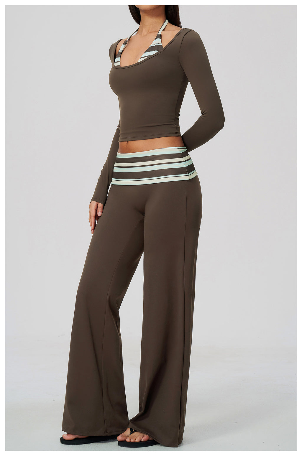 Women 2 Piece Yoga Set Halter Fake Two Piece Long Sleeve Yoga Top and Fold Over Striped Waist Wide Leg Workout Pants
