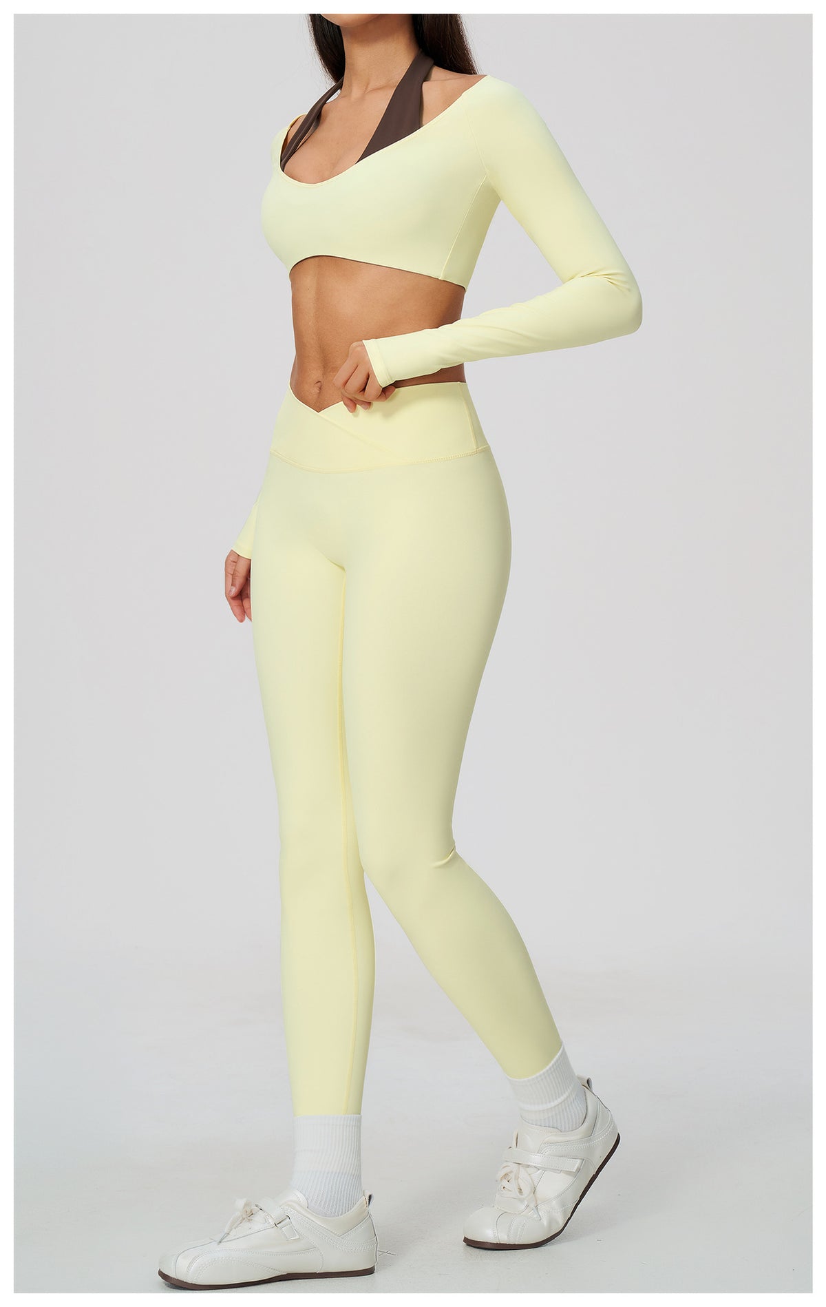 2 Piece Colorblock Halter Long Sleeve Cropped Yoga Top and Cross Waist Yoga Leggings Set