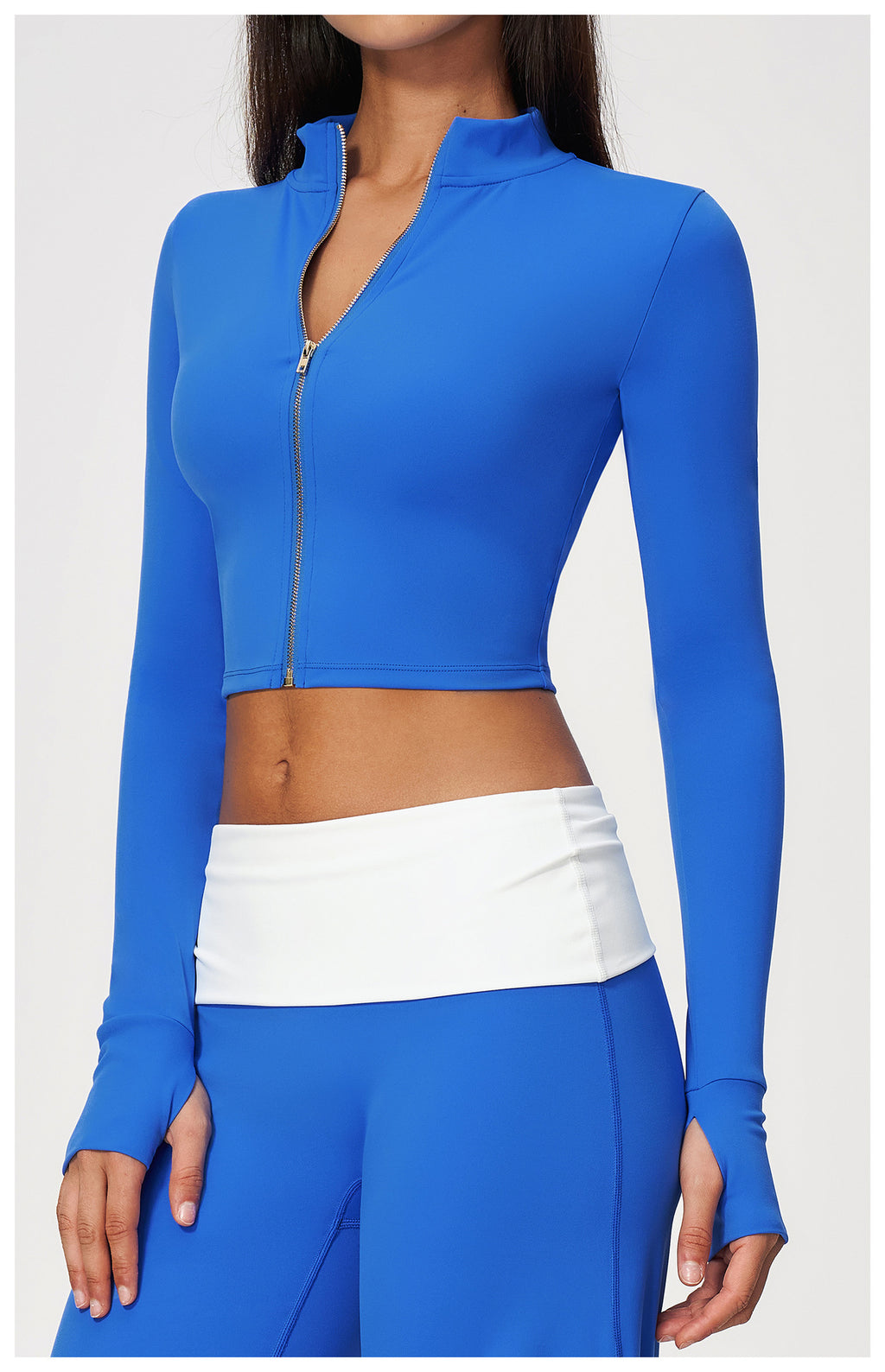 Women Stand Collar Full Zip Cropped Running Yoga Workout Jacket with Thumb Holes