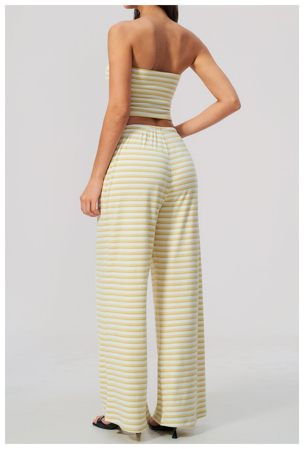 2 Piece Workout Loungewear Set Women Ribbed Striped Strapless Soft Tube Top and Elastic Drawstring Waist Wide Leg Pants with Pocket
