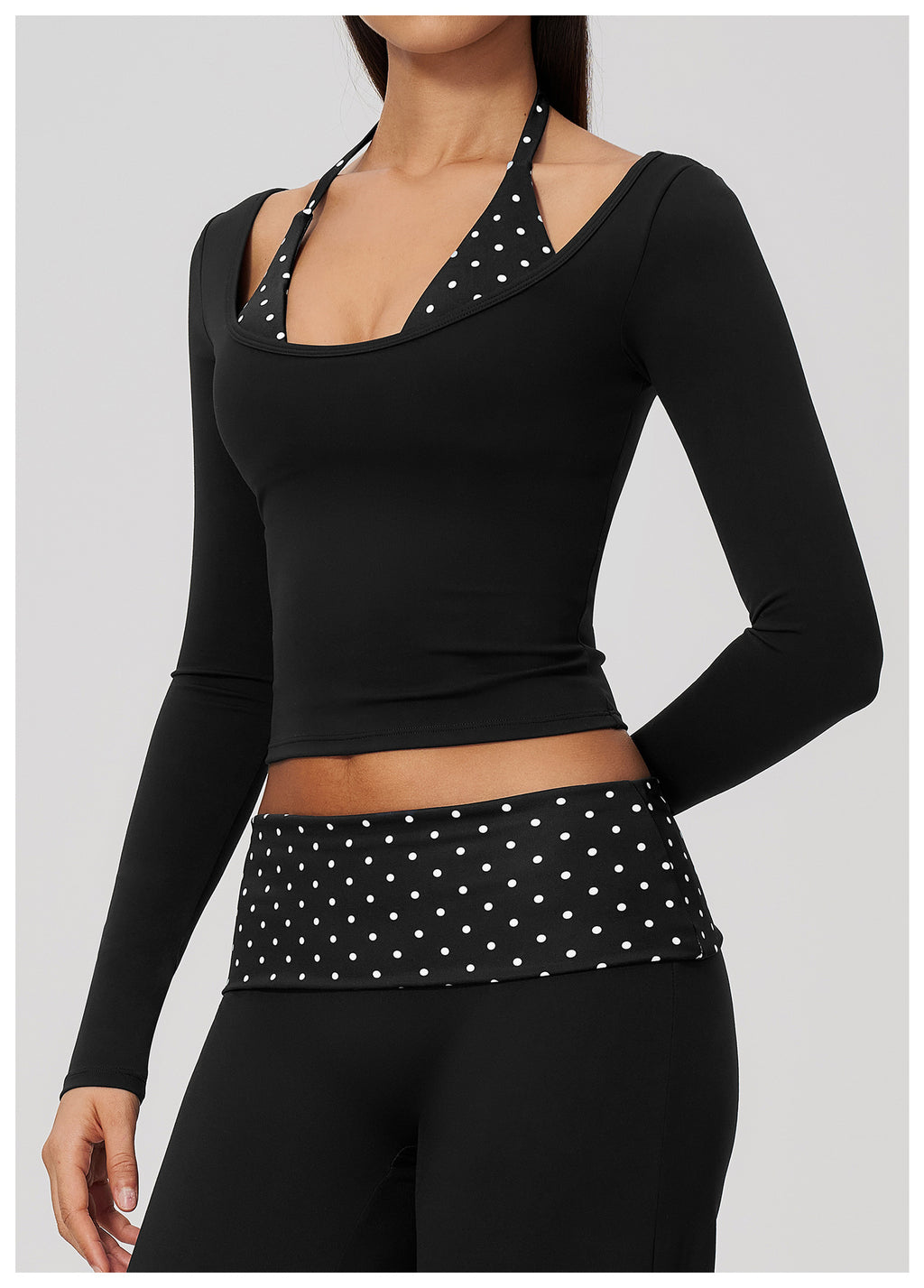 Women Halter Fake Two Piece Long Sleeve Yoga Top High Elastic Slim Fit Workout Sports Gym Active Shirt