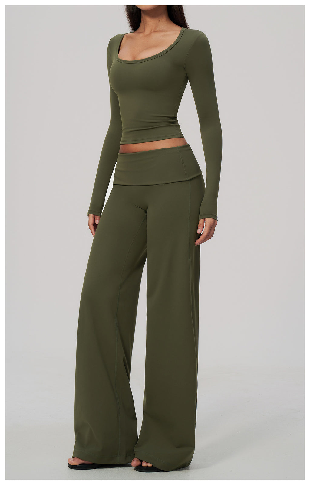 2 Piece Activewear Set U Neck Long Sleeve Crop Yoga Top with Removable Padded and High Waist Wide Leg Yoga Pants