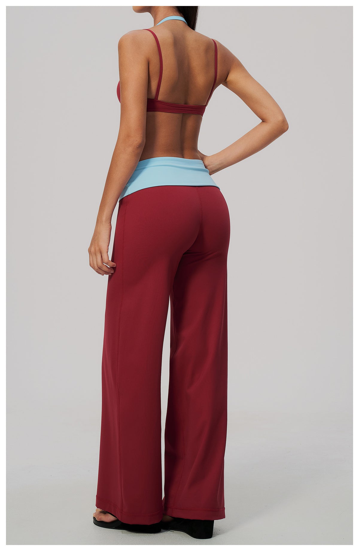 2 Piece Colorblock Double Strap Halter Sports Bra and Foldover Waist High-Rise Loose Wide Leg Yoga Pants Set