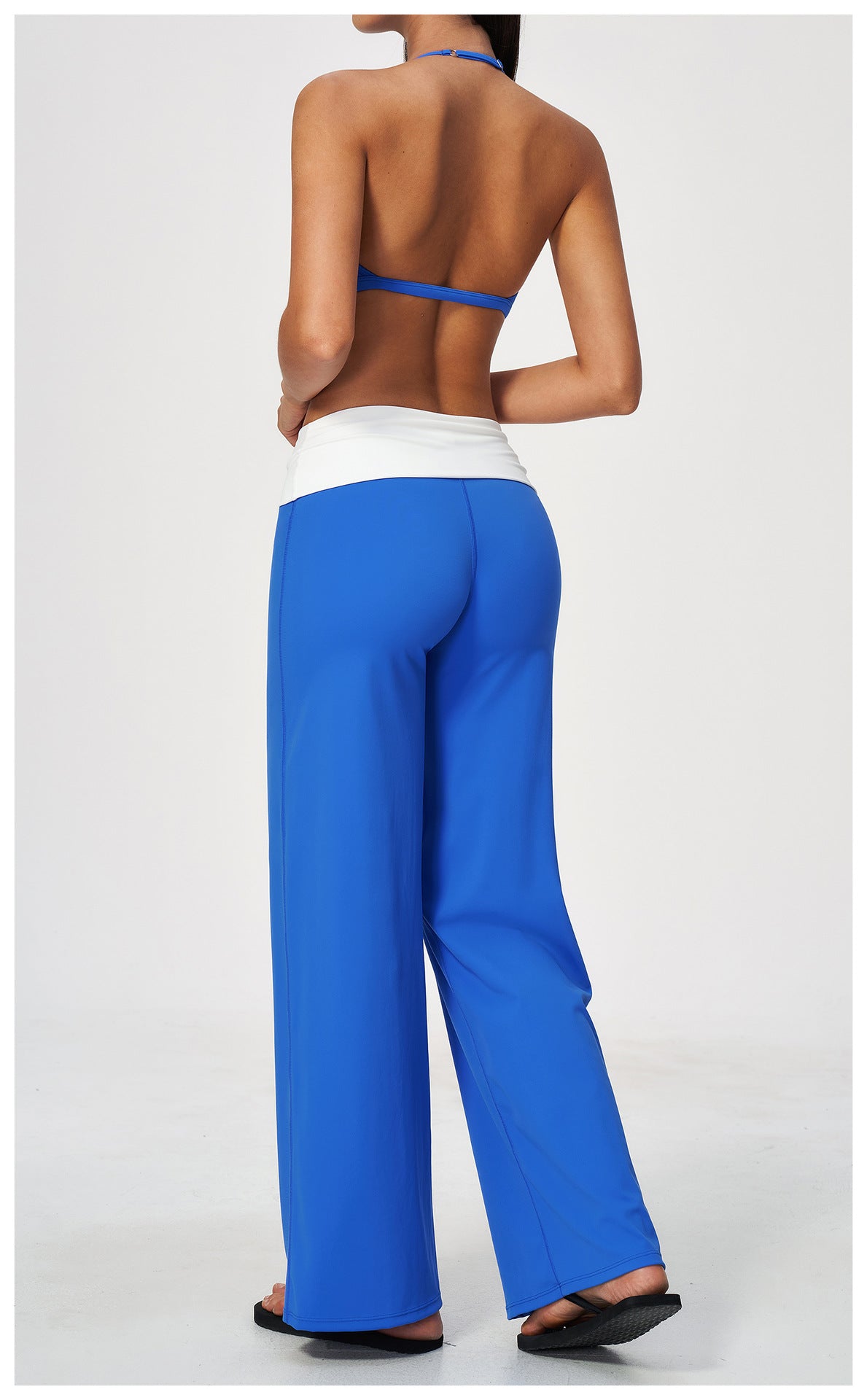 2 Piece Set Deep V-Neck Halter Thin Strap Backless Sports Bra and ColorBlock High Waisted Wide Leg Yoga Athletic Pants