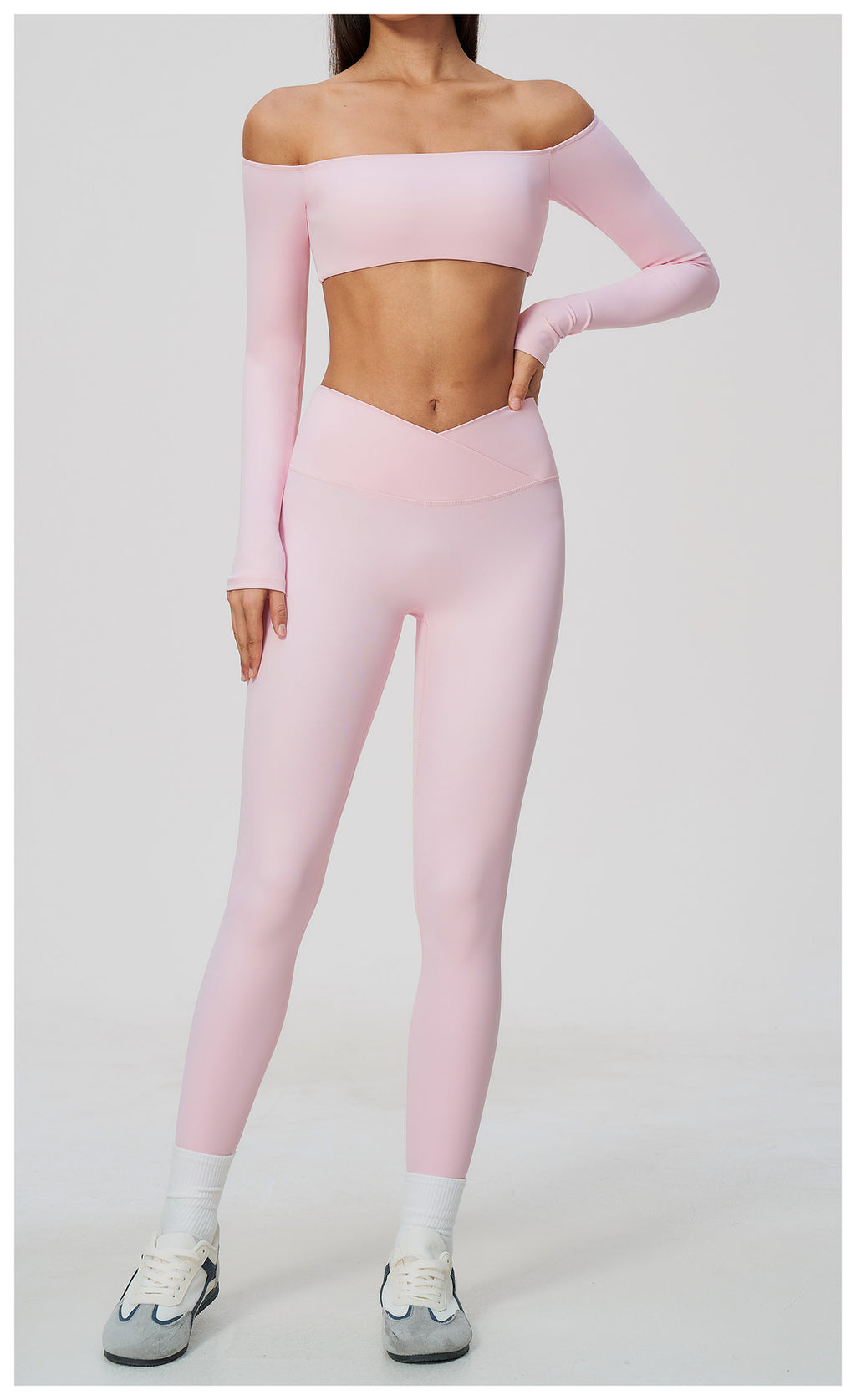 2 Piece Off-The-Shoulder Long Sleeve Crop Top and Cross Waist Yoga Leggings Set