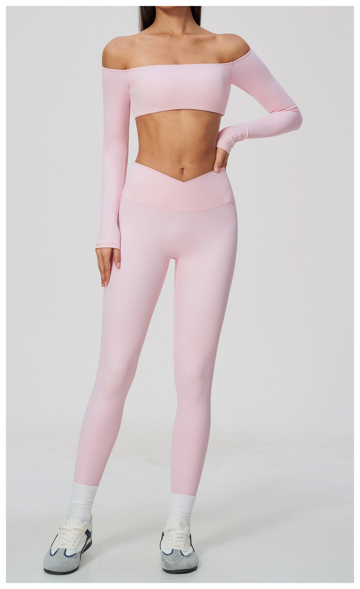 2 Piece Off-The-Shoulder Long Sleeve Crop Top and Cross Waist Yoga Leggings Set