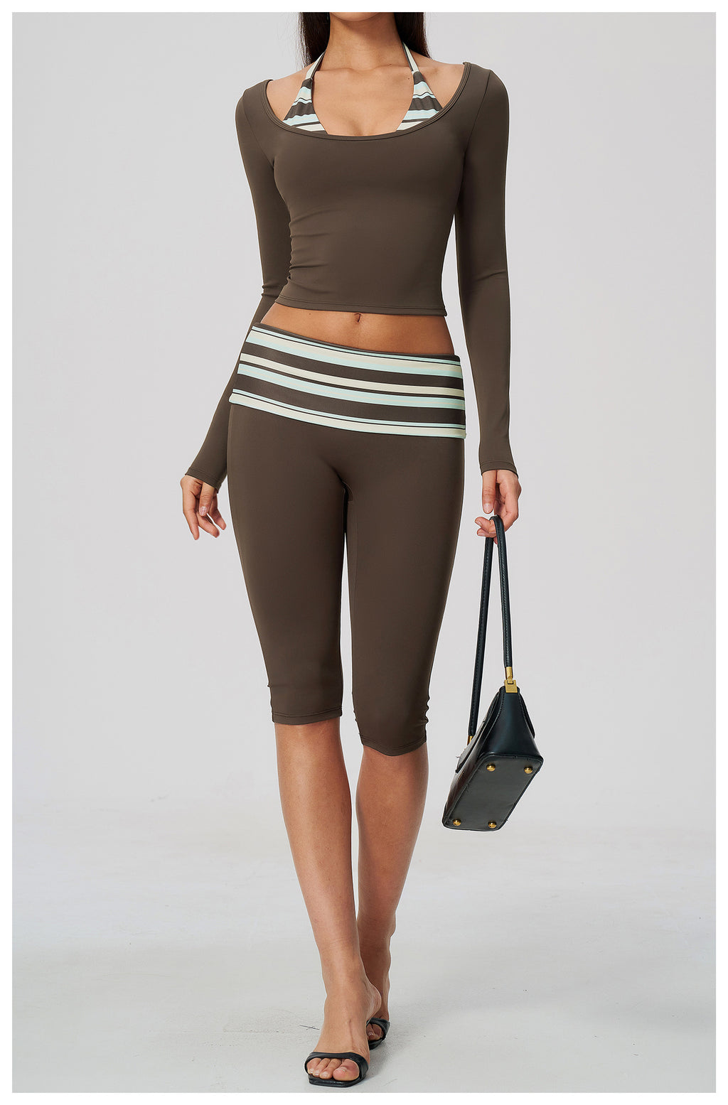 Women 2 Piece Yoga Set Halter Fake Two Piece Long Sleeve Yoga Top and Fold Over Striped Waist Capri Yoga Leggings