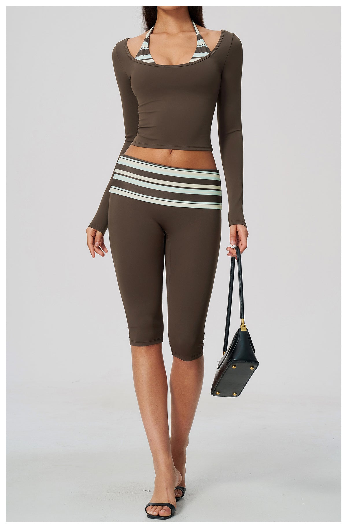 Women 2 Piece Yoga Set Halter Fake Two Piece Long Sleeve Yoga Top and Fold Over Striped Waist Capri Yoga Leggings