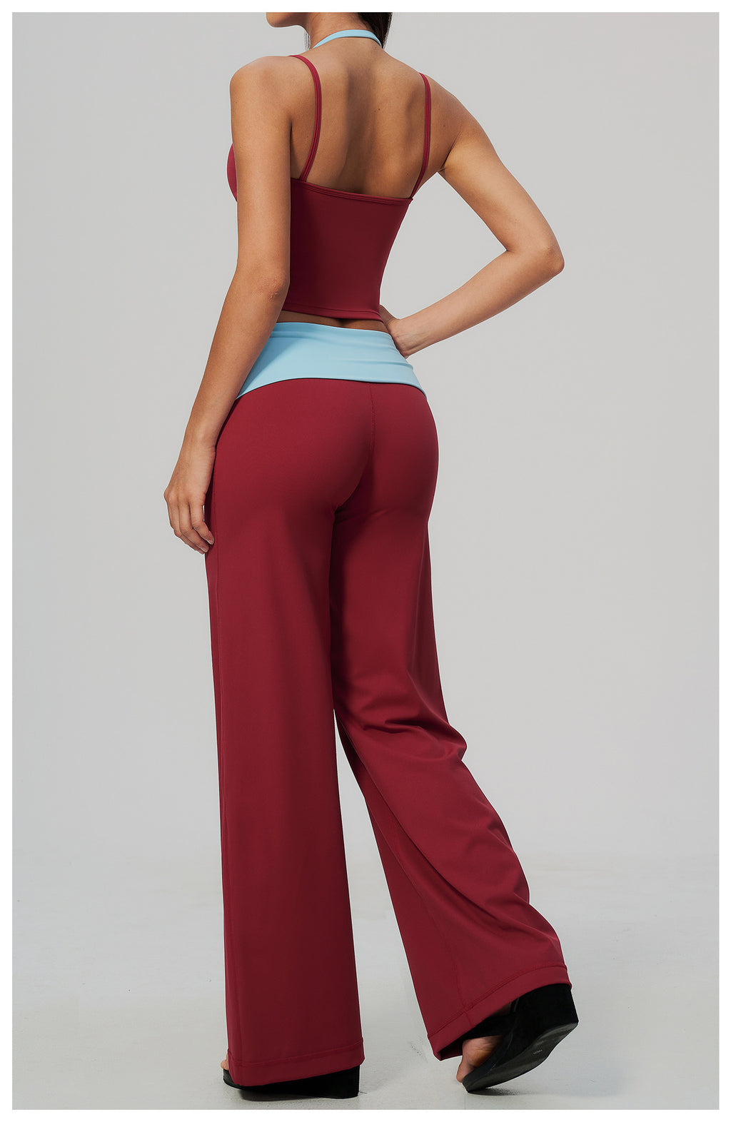 2 Piece Colorblock Double Strap Halter Yoga Vest and Foldover Waist High-Rise Loose Wide Leg Yoga Pants Set