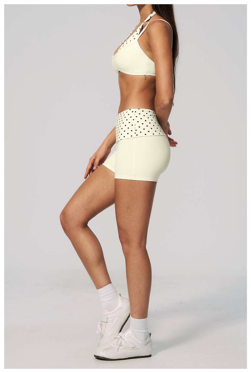 Women 2 Piece Yoga Set Halter Fake Two Piece Sports Bra and Fold Over Striped Waist Biker Shorts