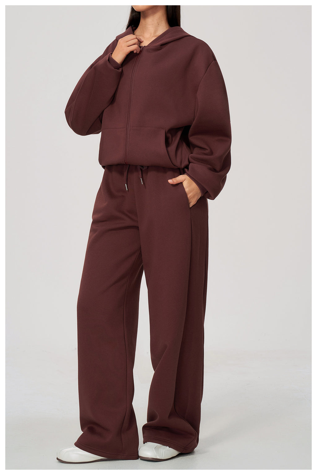 Women 2 Piece Fall Winter Tracksuits Fleece Lined Full Zip Oversized Hooded Jacket and Drawstring Waist Wide Leg Sweatpants with Side Pockets