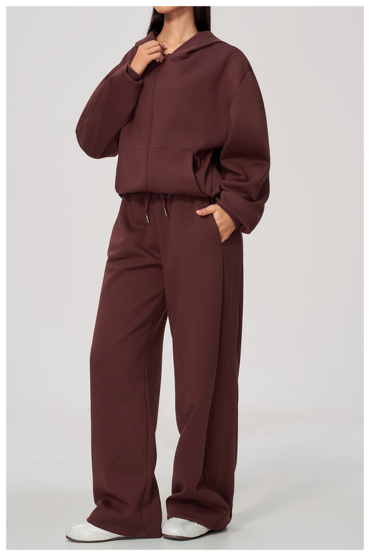 Women 2 Piece Fall Winter Tracksuits Fleece Lined Full Zip Oversized Hooded Jacket and Drawstring Waist Wide Leg Sweatpants with Side Pockets