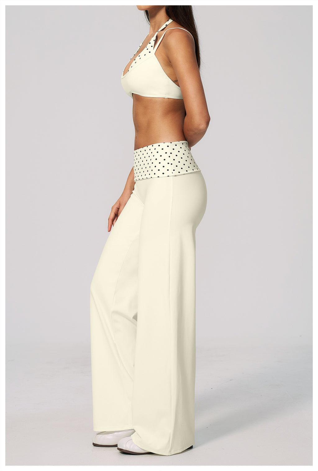 Women 2 Piece Yoga Set Halter Fake Two Piece Sports Bra and Fold Over Striped Waist Wide Leg Workout Pants